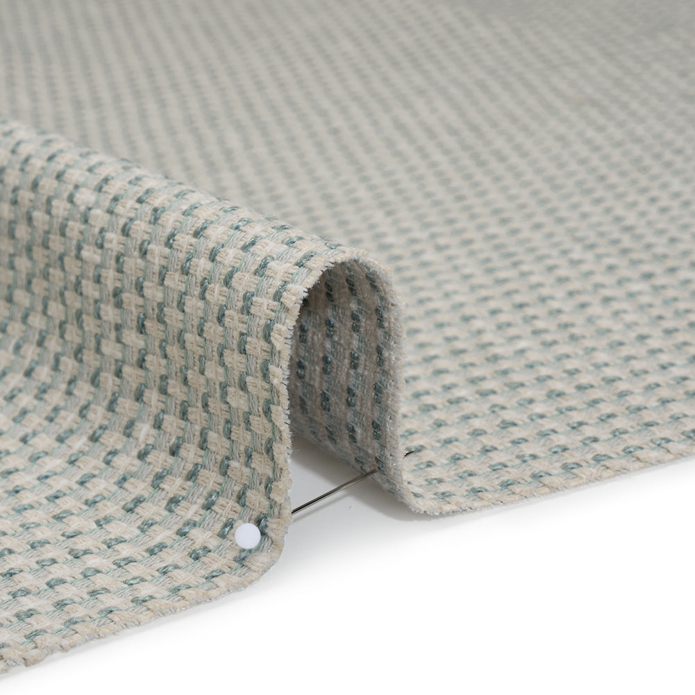 Recycled Polyester and Cotton Basketweave Dobby - Seafoam Little Squares - British Imported Recycled Polyester and Cotton Basketweave Dobby - Seafoam Little Squares - British Imported