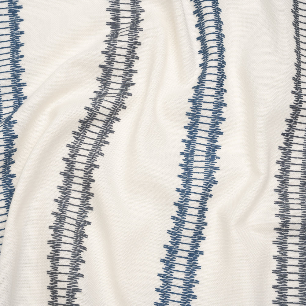 Embroidered Recycled Polyester and Cotton Woven - Navy Zig Zag Ladder Stripes - British Imported Embroidered Recycled Polyester and Cotton Woven - Navy Zig Zag Ladder Stripes - British Imported