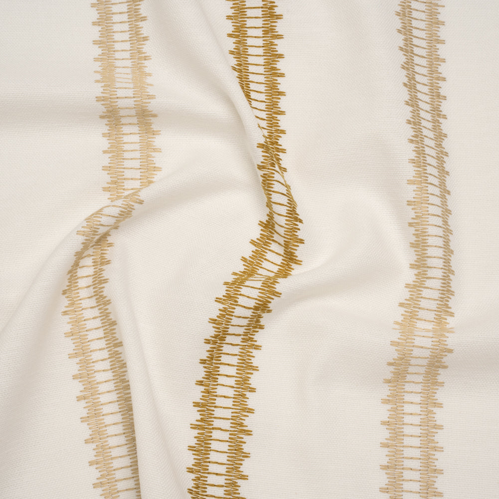 Embroidered Recycled Polyester and Cotton Woven - Ochre Zig Zag Ladder Stripes - British Imported Embroidered Recycled Polyester and Cotton Woven - Ochre Zig Zag Ladder Stripes - British Imported