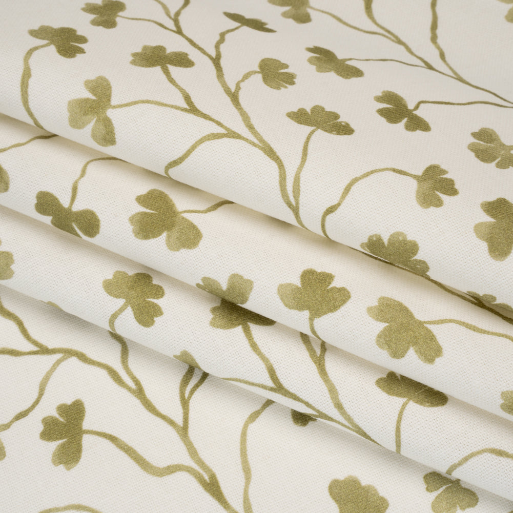 Brushed Cotton and Linen Canvas - Olive Clover Leaf Vines - British Imported Brushed Cotton and Linen Canvas - Olive Clover Leaf Vines - British Imported