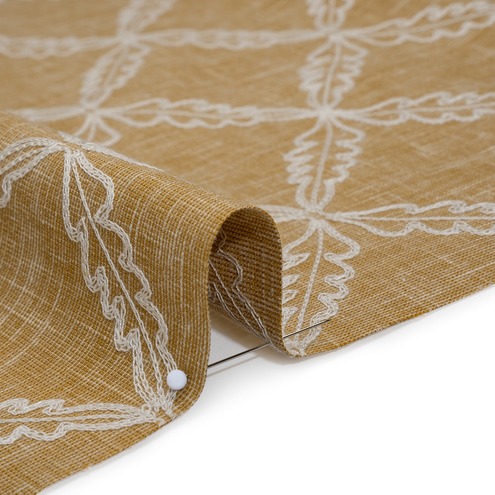 Embroidered Polyester and Cotton Woven - Ochre Leaf Diamonds - British Imported Embroidered Polyester and Cotton Woven - Ochre Leaf Diamonds - British Imported