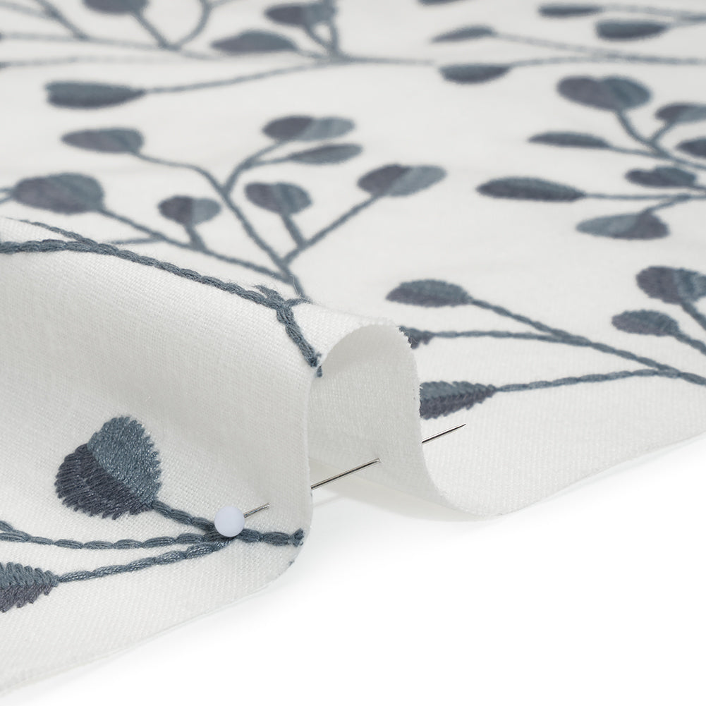 Embroidered Polyester and Cotton Woven - Denim Budding Plants - British Imported Embroidered Polyester and Cotton Woven - Denim Budding Plants - British Imported