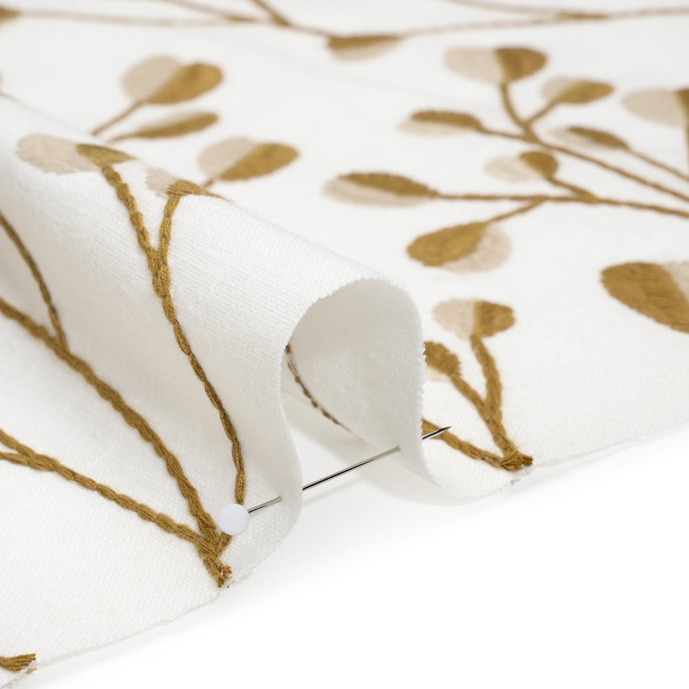Embroidered Polyester and Cotton Woven - Ochre Budding Plants - British Imported Embroidered Polyester and Cotton Woven - Ochre Budding Plants - British Imported