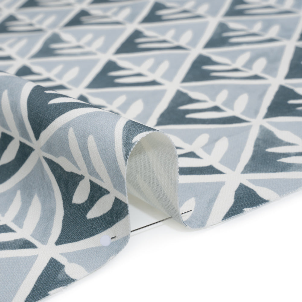 Brushed Cotton and Linen Canvas Print - Denim Leaves in Diamonds - British Imported Brushed Cotton and Linen Canvas Print - Denim Leaves in Diamonds - British Imported
