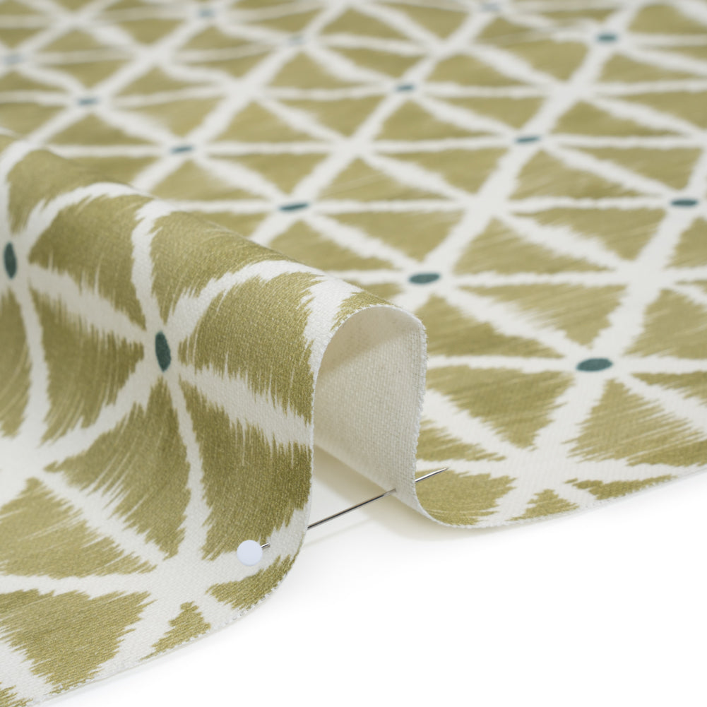 Brushed Cotton and Linen Canvas Print - Pistachio Sketched Lattice with Dots - British Imported Brushed Cotton and Linen Canvas Print - Pistachio Sketched Lattice with Dots - British Imported