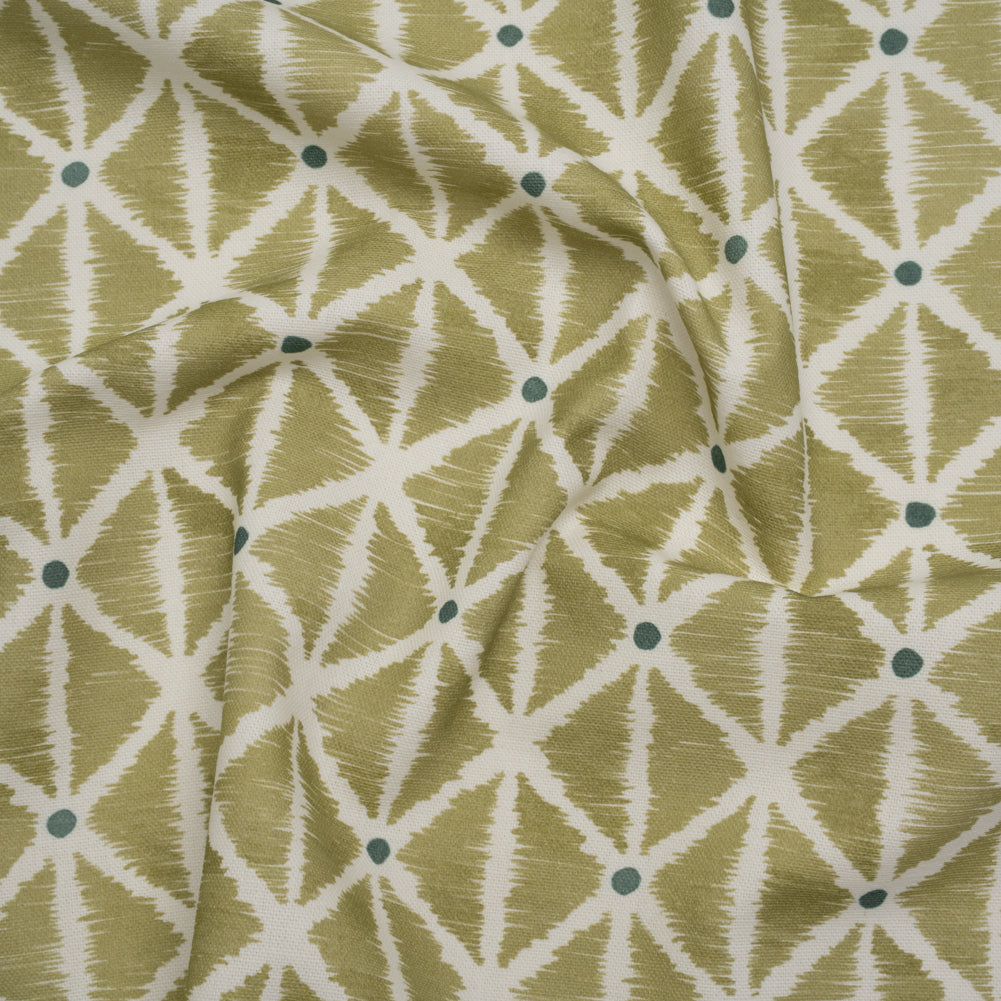 Brushed Cotton and Linen Canvas Print - Pistachio Sketched Lattice with Dots - British Imported Brushed Cotton and Linen Canvas Print - Pistachio Sketched Lattice with Dots - British Imported