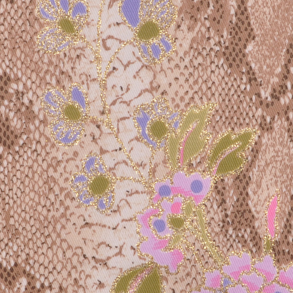 Beige/Kiwi/Orchid/Gold Reptile-Floral Cotton-Lycra Twill Detail