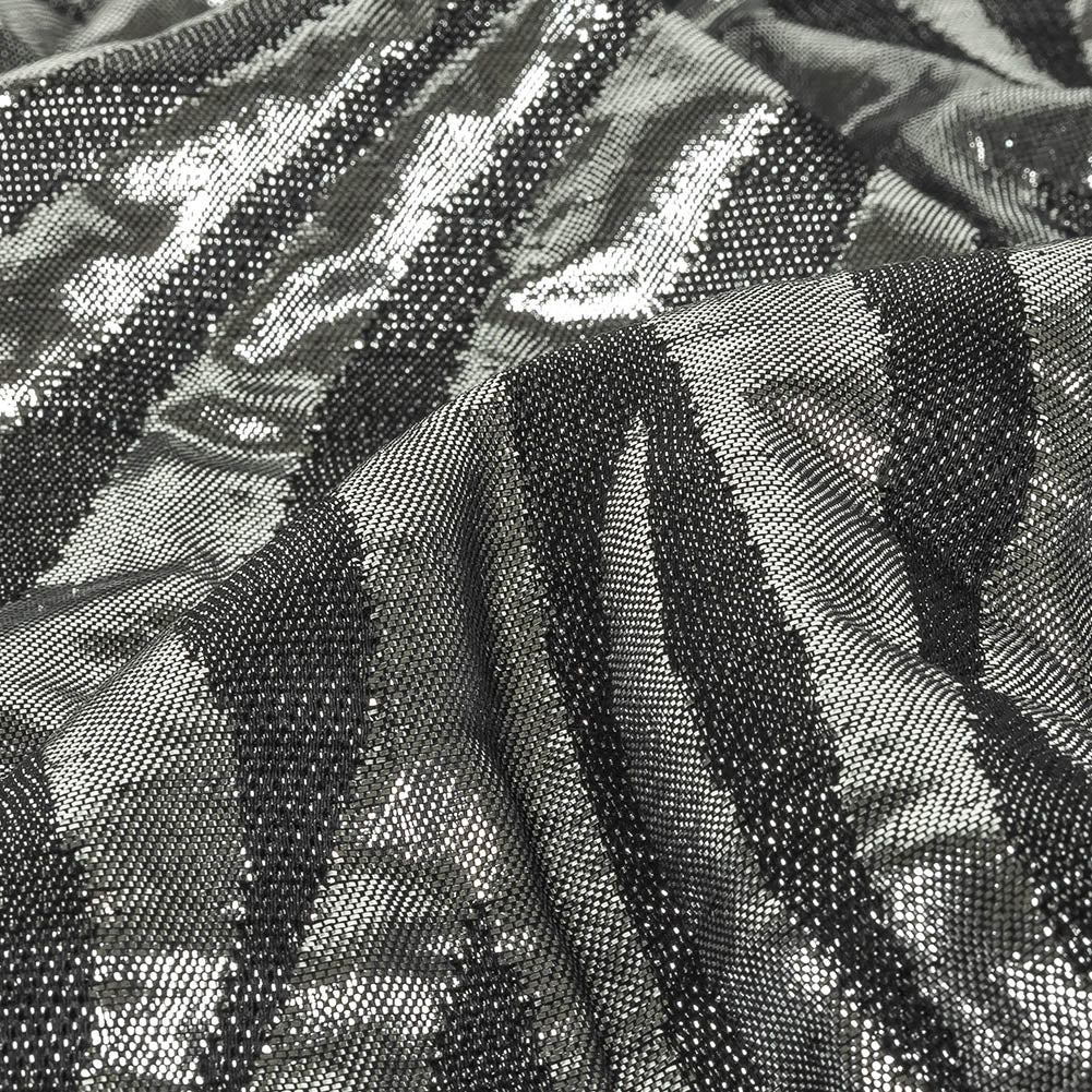 Italian Black and Metallic Silver Zebra Stripes Polyester Brocade Detail Italian Black and Metallic Silver Zebra Stripes Polyester Brocade Detail