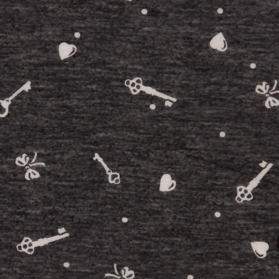 Italian Charcoal and Bone Cute Keys Polyester Jersey Print Detail Italian Charcoal and Bone Cute Keys Polyester Jersey Print Detail