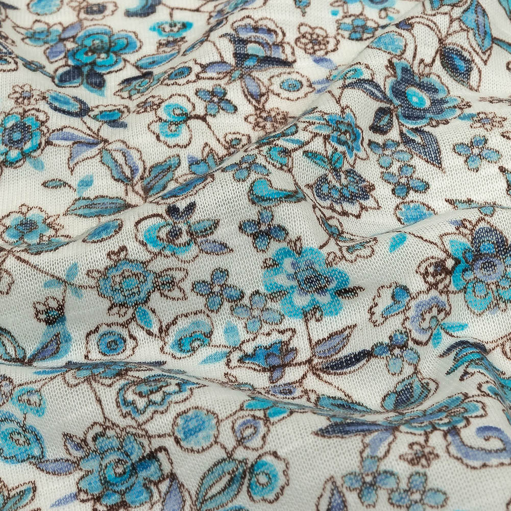 Italian Blue, Turquoise and White Floral Polyester Jersey Folded Italian Blue, Turquoise and White Floral Polyester Jersey Folded