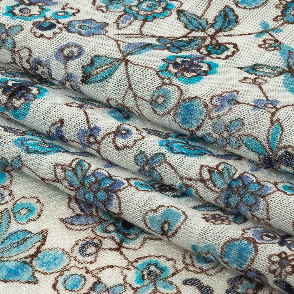 Italian Blue, Turquoise and White Floral Polyester Jersey Full Italian Blue, Turquoise and White Floral Polyester Jersey Full