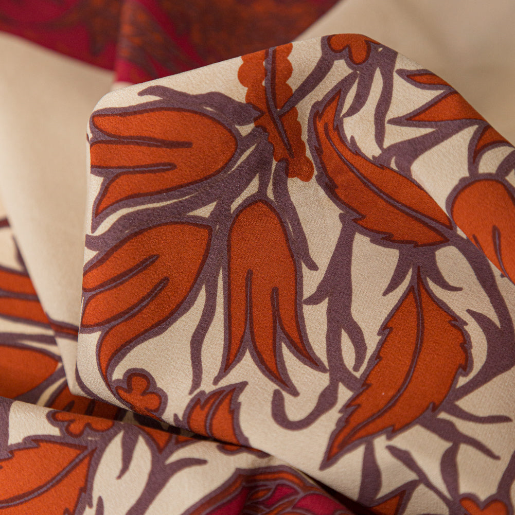 White Pepper, American Beauty and Orange Tiger Wide Floral Stripes Stretch Silk Crepe de Chine Detail White Pepper, American Beauty and Orange Tiger Wide Floral Stripes Stretch Silk Crepe de Chine Detail