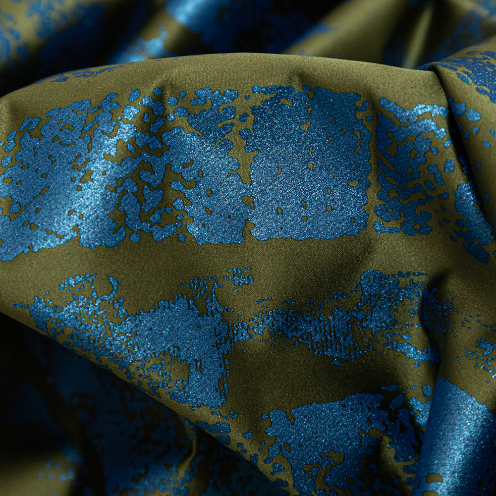 Avocado Green Duchesse Satin with Metallic Stellar Blue Striped Border Print Full Avocado Green Duchesse Satin with Metallic Stellar Blue Striped Border Print Full