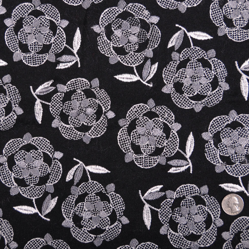 Italian Black/Pale Gray Floral Wool Flannel Italian Black/Pale Gray Floral Wool Flannel