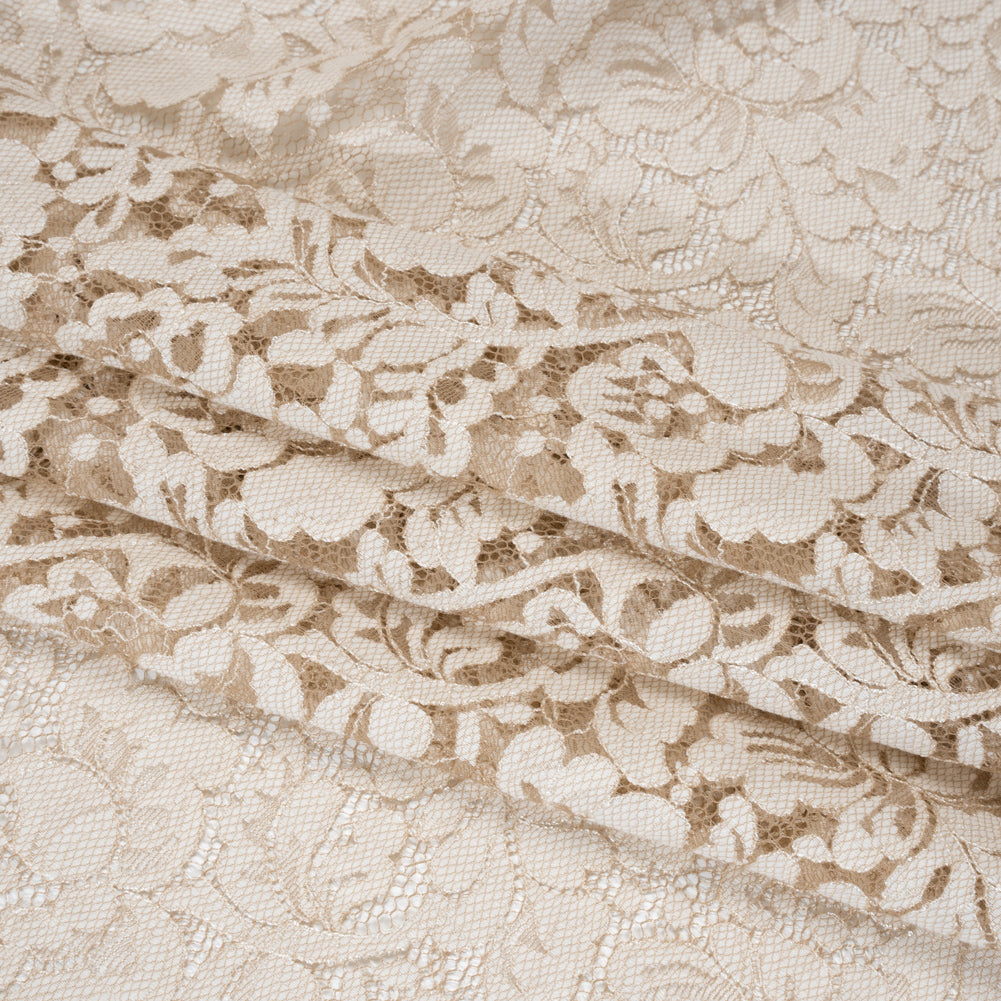 Cotton Blend Raschel Lace Panel with Finished Edges - Linen Beige and White Flowers and Leaves Cotton Blend Raschel Lace Panel with Finished Edges - Linen Beige and White Flowers and Leaves