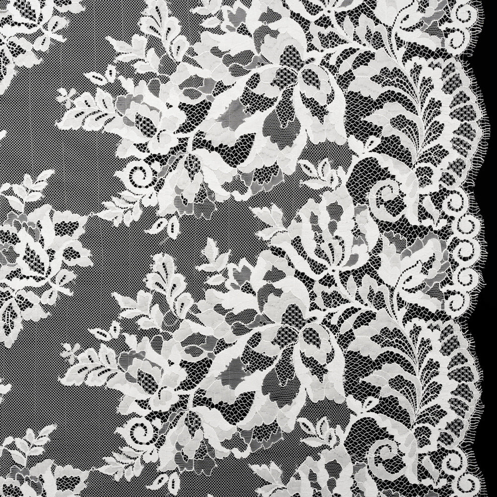 Nylon and Rayon Raschel Lace Panel with Finished Edges - Ivory Blooming Bunches and Borders Nylon and Rayon Raschel Lace Panel with Finished Edges - Ivory Blooming Bunches and Borders