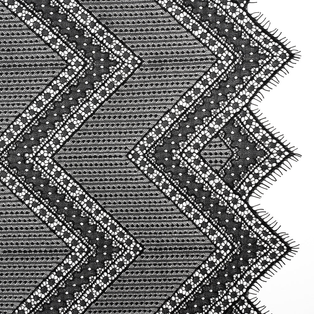Recycled Nylon Raschel Lace Panel With Finished Edges - Black Geometric Chevrons Recycled Nylon Raschel Lace Panel With Finished Edges - Black Geometric Chevrons