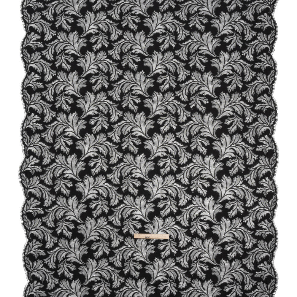 Nylon and Rayon Raschel Lace Panel with Finished Edges - Black Floating Leaves - Full Nylon and Rayon Raschel Lace Panel with Finished Edges - Black Floating Leaves - Full