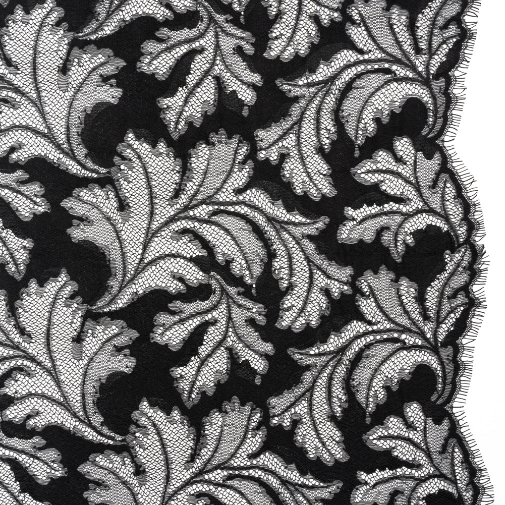 Nylon and Rayon Raschel Lace Panel with Finished Edges - Black Floating Leaves Nylon and Rayon Raschel Lace Panel with Finished Edges - Black Floating Leaves