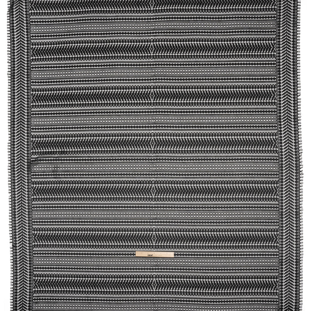 Luminous Corded Lace Panel with Finished Fringed Edges - Black Dot and Leaf Stripes Luminous Corded Lace Panel with Finished Fringed Edges - Black Dot and Leaf Stripes