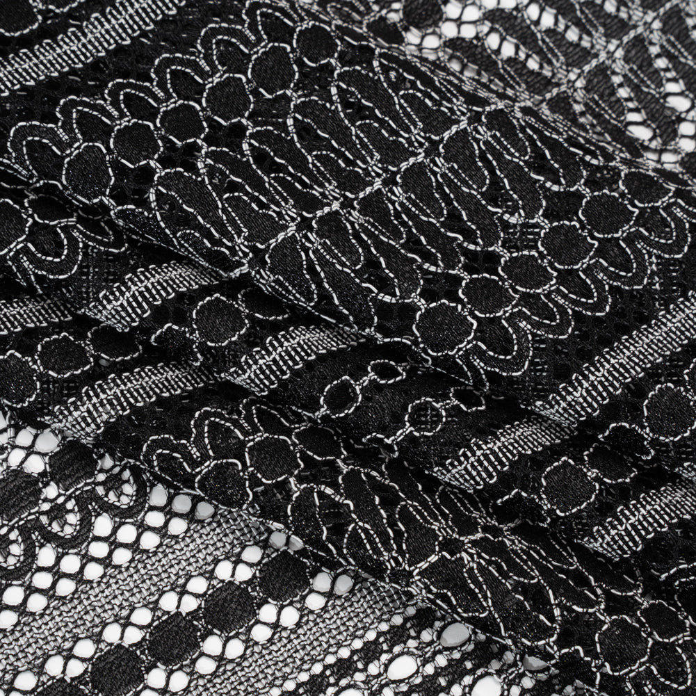 Luminous Corded Lace Panel with Finished Fringed Edges - Black and White Dot and Leaf Stripes - Folded Luminous Corded Lace Panel with Finished Fringed Edges - Black and White Dot and Leaf Stripes - Folded