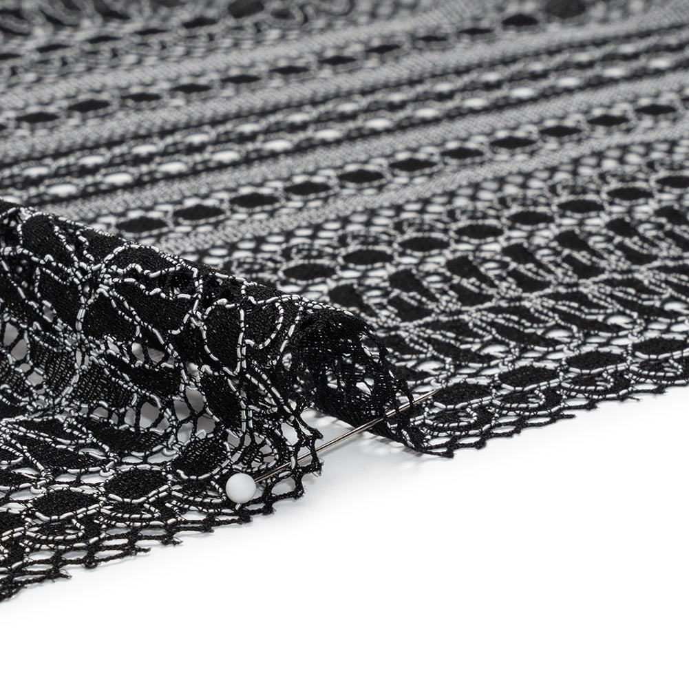 Luminous Corded Lace Panel with Finished Fringed Edges - Black and White Dot and Leaf Stripes - Detail Luminous Corded Lace Panel with Finished Fringed Edges - Black and White Dot and Leaf Stripes - Detail
