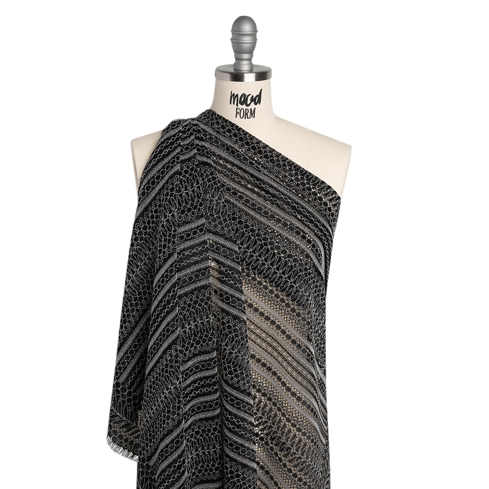 Luminous Corded Lace Panel with Finished Fringed Edges - Black and White Dot and Leaf Stripes - Drape Luminous Corded Lace Panel with Finished Fringed Edges - Black and White Dot and Leaf Stripes - Drape