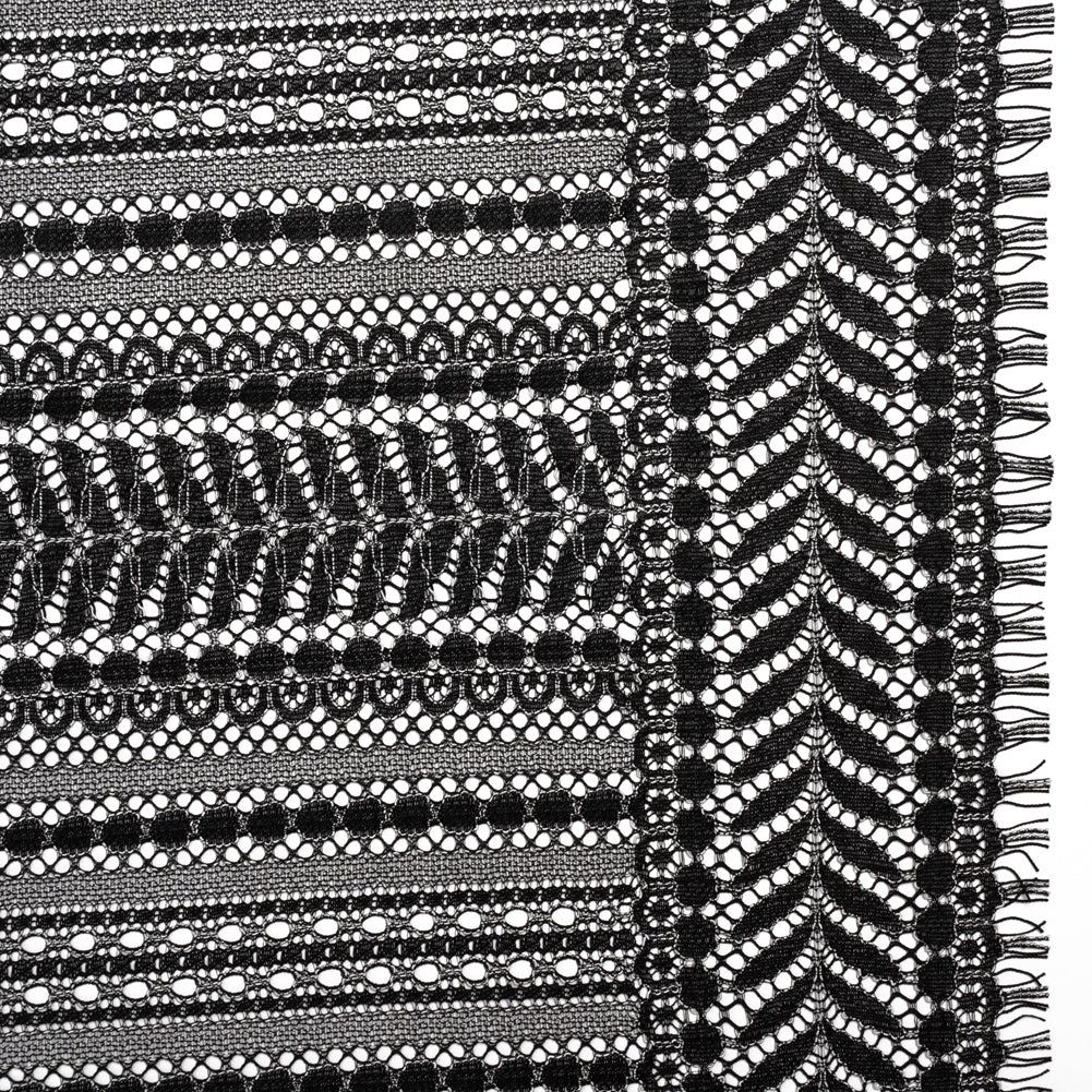 Luminous Corded Lace Panel with Finished Fringed Edges - Black and White Dot and Leaf Stripes Luminous Corded Lace Panel with Finished Fringed Edges - Black and White Dot and Leaf Stripes