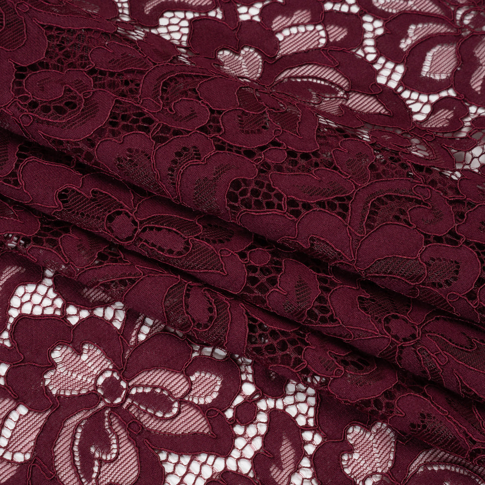 Corded Lace Panel with Petal Scalloped And Fringed Edges - Burgundy Floral - Folded Corded Lace Panel with Petal Scalloped And Fringed Edges - Burgundy Floral - Folded