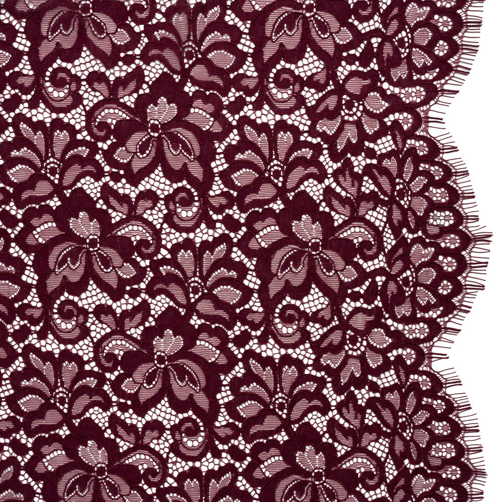 Corded Lace Panel with Petal Scalloped And Fringed Edges - Burgundy Floral Corded Lace Panel with Petal Scalloped And Fringed Edges - Burgundy Floral