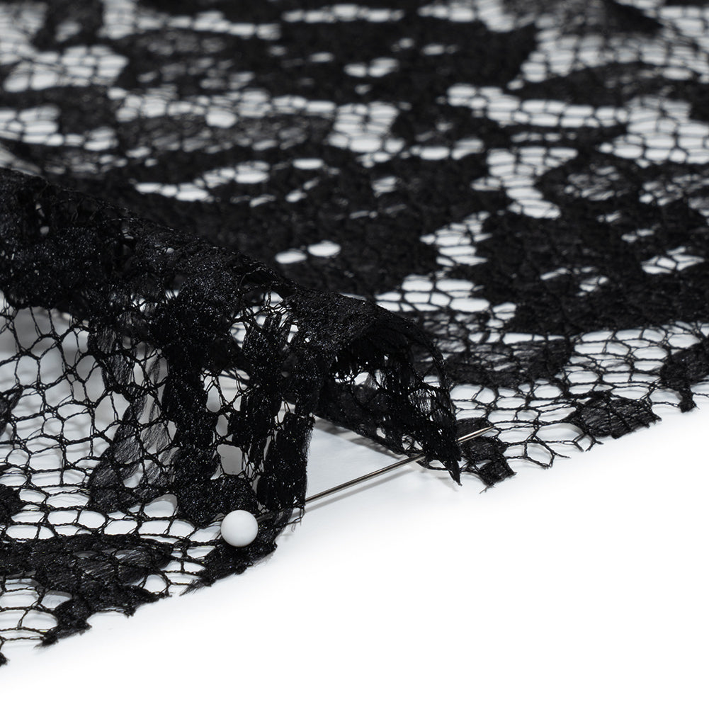 Raschel Lace with Finished Edges - Black Flowers and Leaves Raschel Lace with Finished Edges - Black Flowers and Leaves