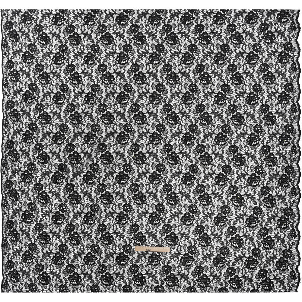 Raschel Lace with Finished Edges - Black Flowers and Leaves Raschel Lace with Finished Edges - Black Flowers and Leaves