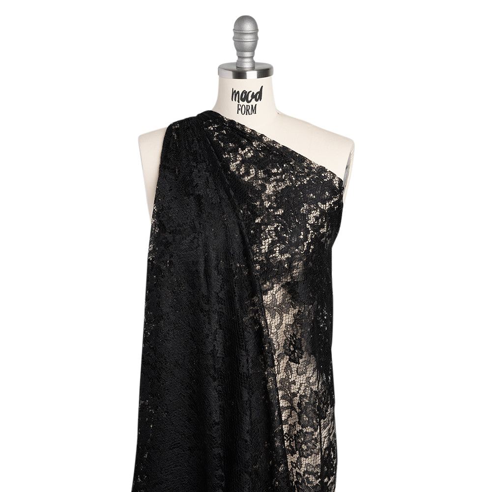 Raschel Lace with Finished Edges - Black Flowers and Leaves Raschel Lace with Finished Edges - Black Flowers and Leaves