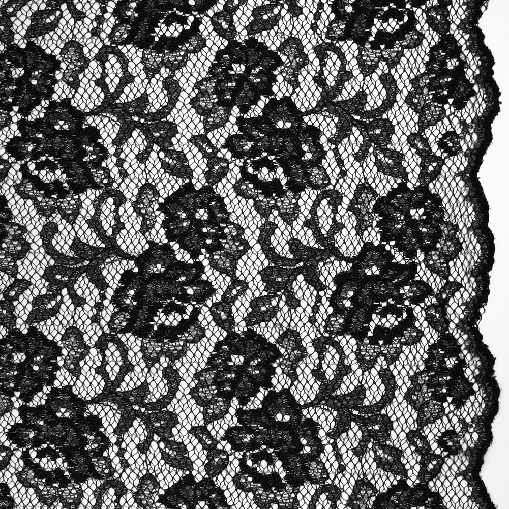 Raschel Lace with Finished Edges - Black Flowers and Leaves Raschel Lace with Finished Edges - Black Flowers and Leaves