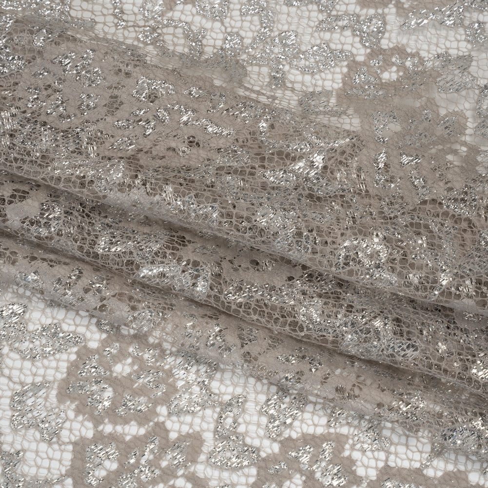 Metallic Raschel Lace with Finished Edges - Sandstone Gray and Silver Flowers and Leaves Metallic Raschel Lace with Finished Edges - Sandstone Gray and Silver Flowers and Leaves
