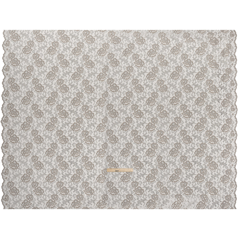 Metallic Raschel Lace with Finished Edges - Sandstone Gray and Silver Flowers and Leaves Metallic Raschel Lace with Finished Edges - Sandstone Gray and Silver Flowers and Leaves