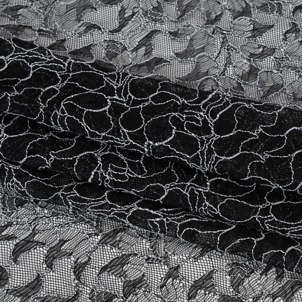 Corded Raschel Lace Panel with Finished Edges - Black and White Outlined Leaves - Folded Corded Raschel Lace Panel with Finished Edges - Black and White Outlined Leaves - Folded