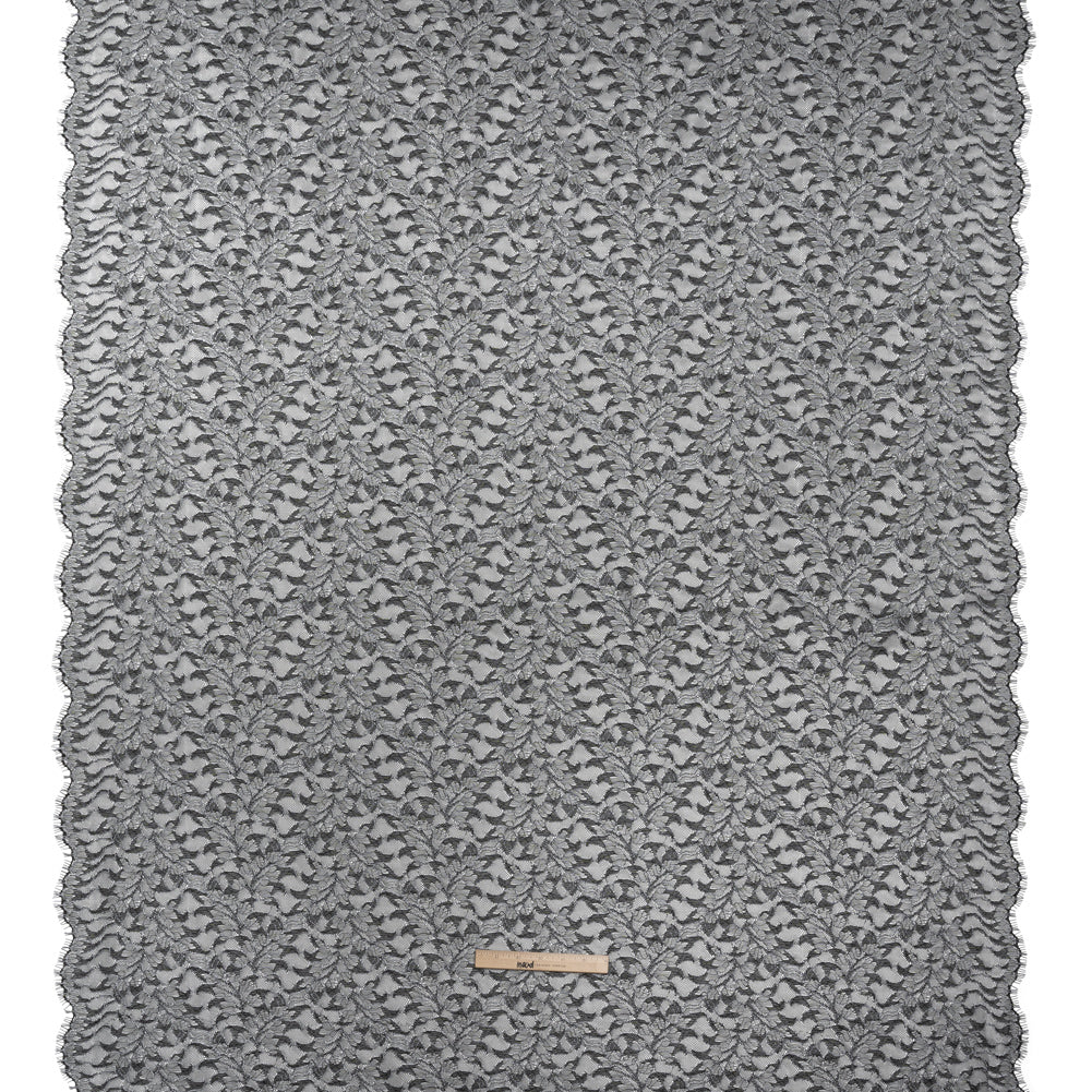 Corded Raschel Lace Panel with Finished Edges - Black and White Outlined Leaves - Full Corded Raschel Lace Panel with Finished Edges - Black and White Outlined Leaves - Full