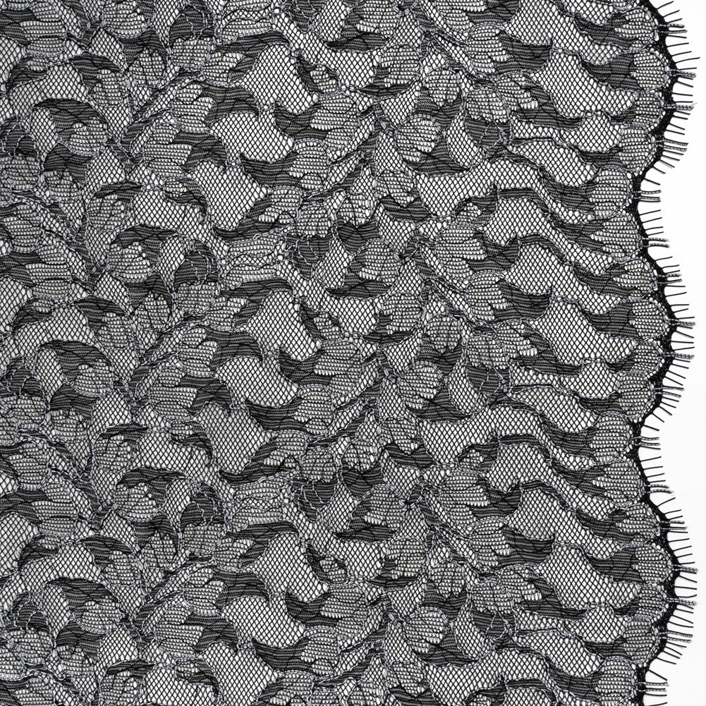 Corded Raschel Lace Panel with Finished Edges - Black and White Outlined Leaves Corded Raschel Lace Panel with Finished Edges - Black and White Outlined Leaves