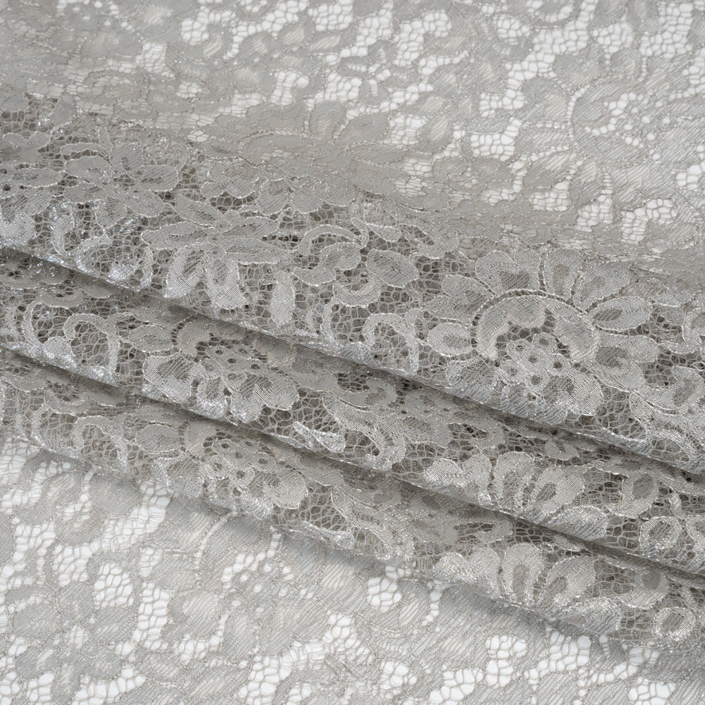 Luminous Delicate Raschel Lace Panel with Finished Edges - Sandstone Gray and Silver Blooming Flowers and Leaves Luminous Delicate Raschel Lace Panel with Finished Edges - Sandstone Gray and Silver Blooming Flowers and Leaves