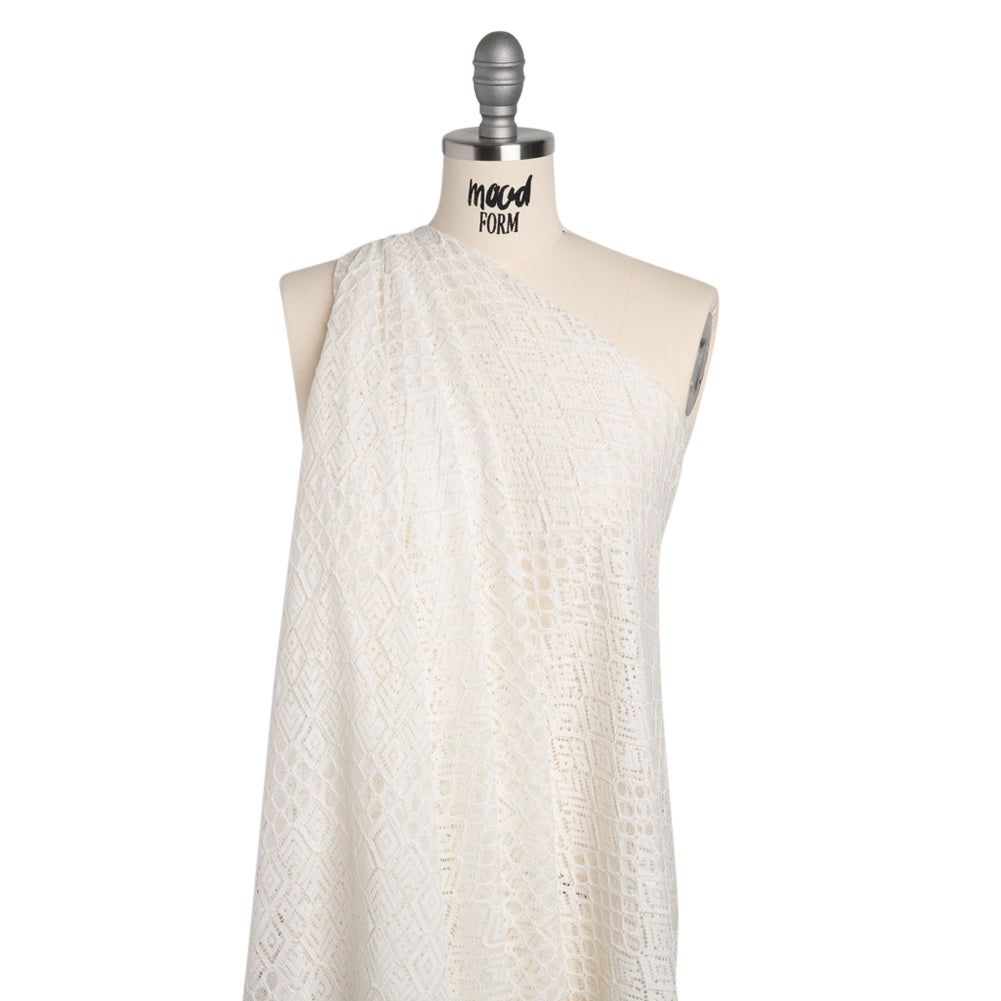 Corded Lace with Finished Edges - Ivory Decorated Diamond Stripes Corded Lace with Finished Edges - Ivory Decorated Diamond Stripes