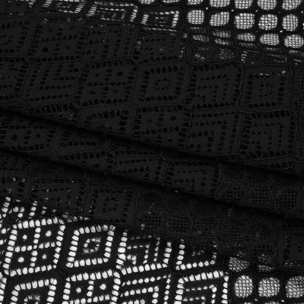 Corded Lace with Finished Edges - Black Decorated Diamond Stripes Corded Lace with Finished Edges - Black Decorated Diamond Stripes