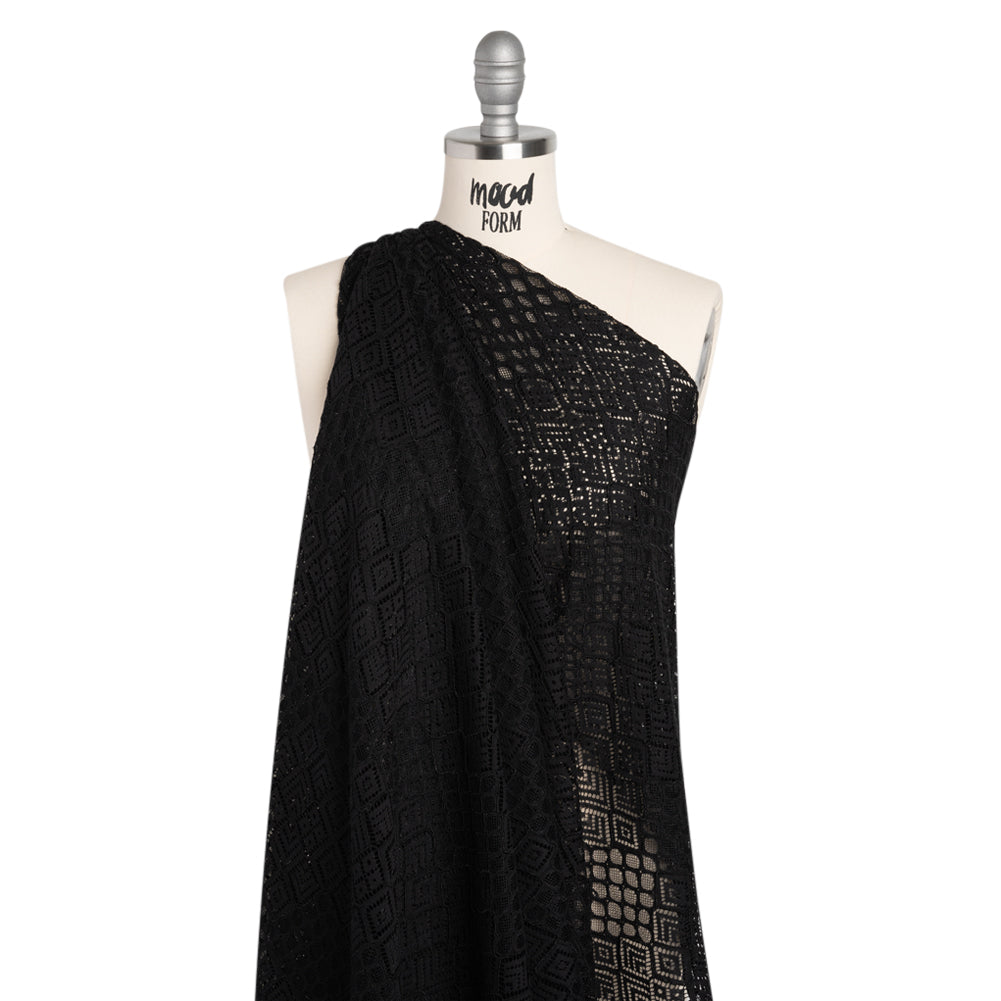 Corded Lace with Finished Edges - Black Decorated Diamond Stripes Corded Lace with Finished Edges - Black Decorated Diamond Stripes
