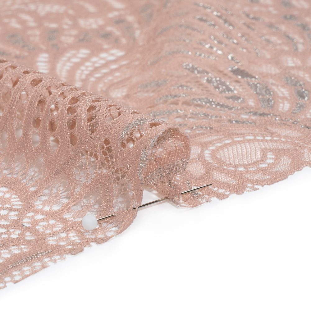 Metallic Raschel Lace Panel with Finished Edges - Blush and Silver Swirling Fans Metallic Raschel Lace Panel with Finished Edges - Blush and Silver Swirling Fans