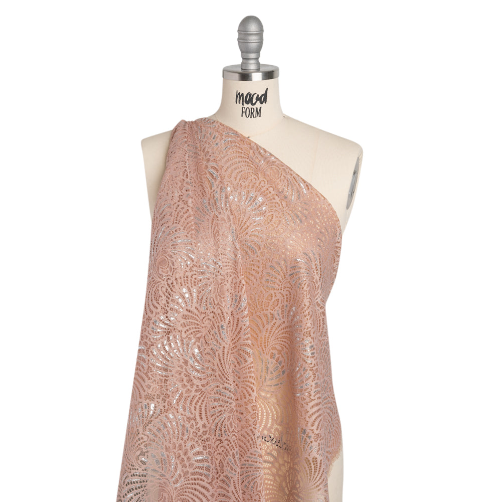Metallic Raschel Lace Panel with Finished Edges - Blush and Silver Swirling Fans Metallic Raschel Lace Panel with Finished Edges - Blush and Silver Swirling Fans