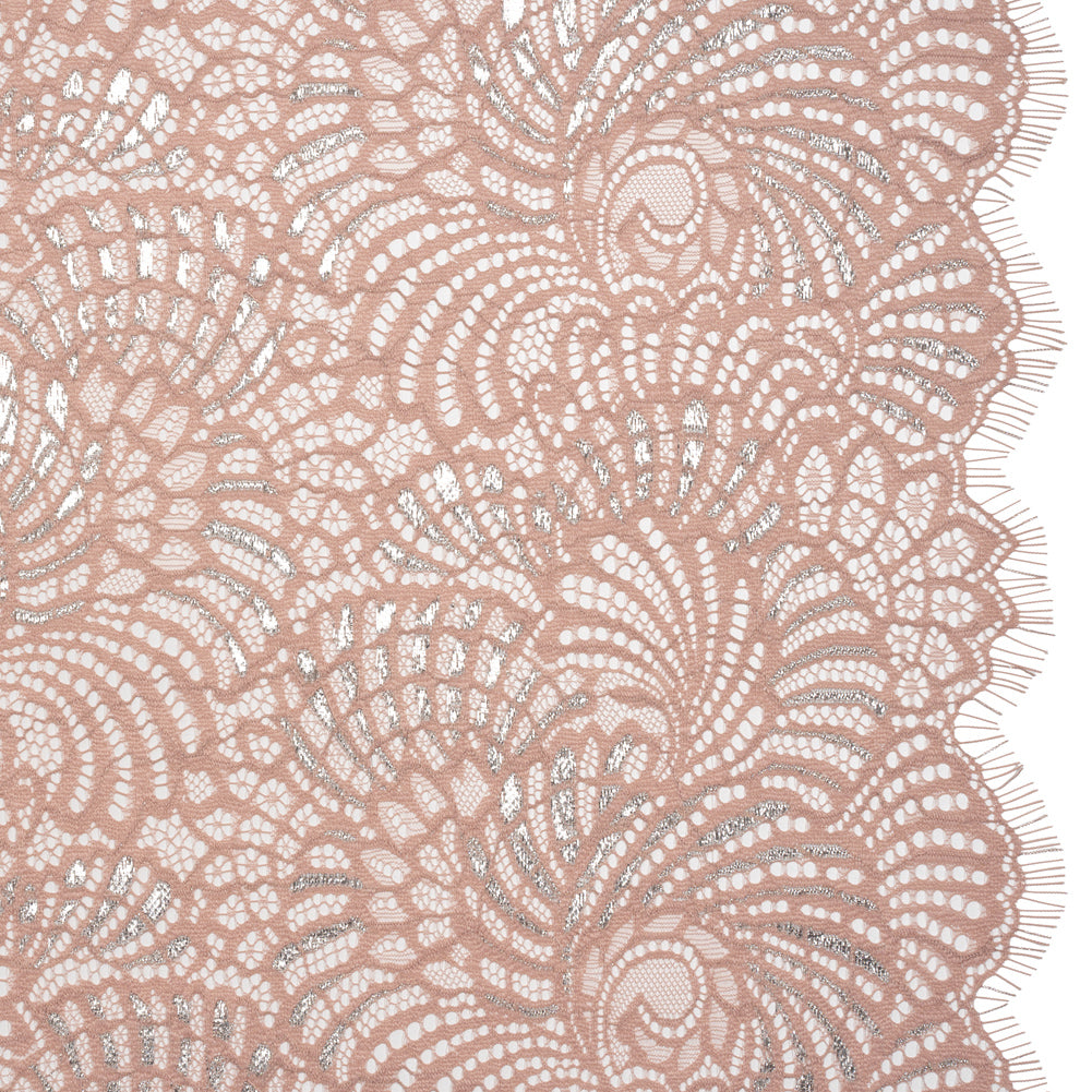 Metallic Raschel Lace Panel with Finished Edges - Blush and Silver Swirling Fans Metallic Raschel Lace Panel with Finished Edges - Blush and Silver Swirling Fans