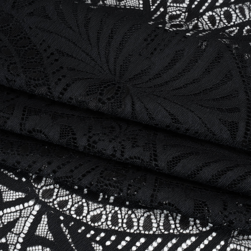 Luminous Raschel Lace Panel with Finished Edges - Black Fancy Floral Scallops Luminous Raschel Lace Panel with Finished Edges - Black Fancy Floral Scallops