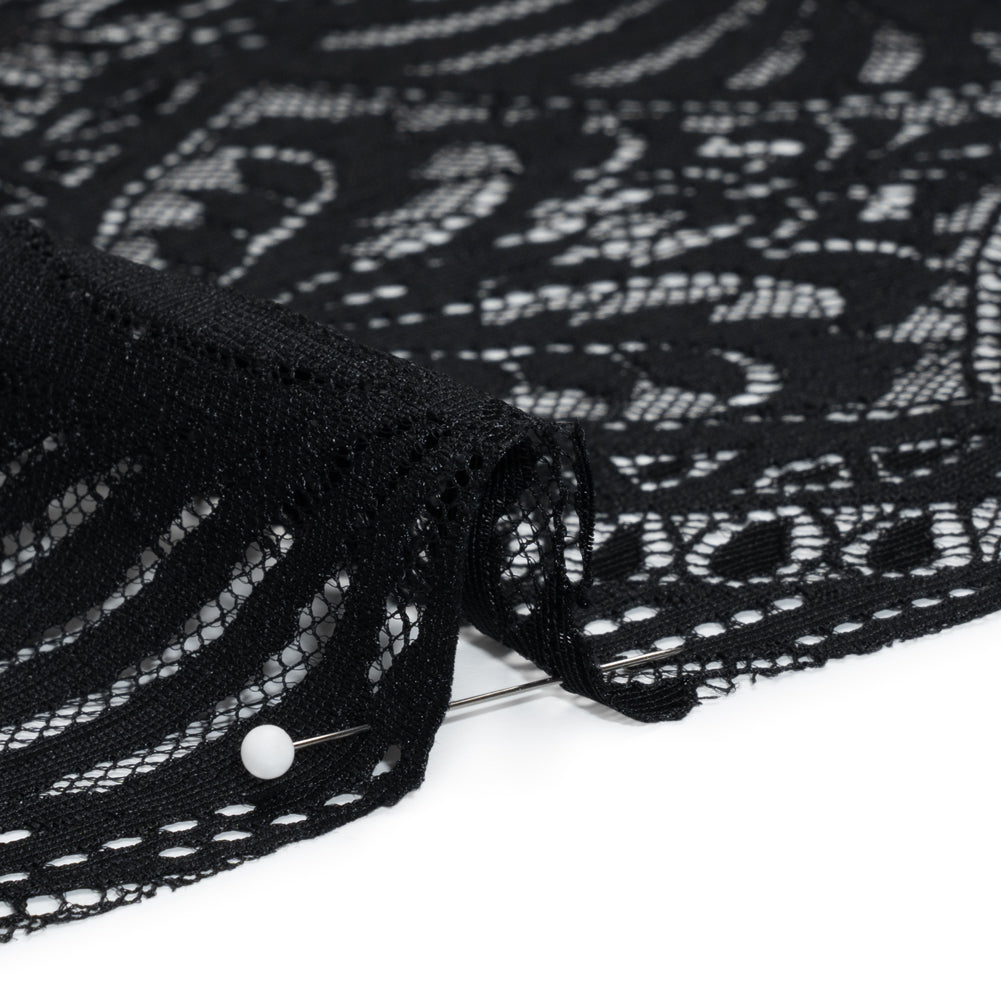 Luminous Raschel Lace Panel with Finished Edges - Black Fancy Floral Scallops Luminous Raschel Lace Panel with Finished Edges - Black Fancy Floral Scallops