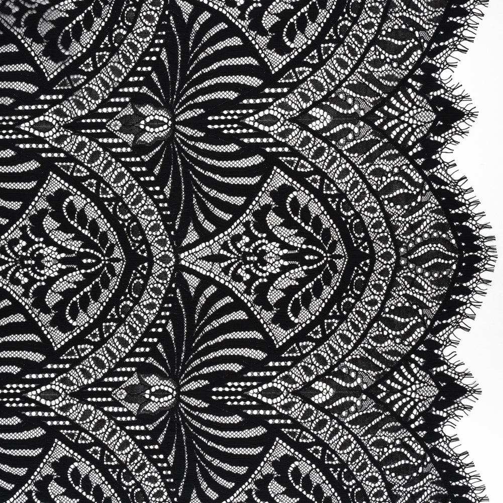 Luminous Raschel Lace Panel with Finished Edges - Black Fancy Floral Scallops Luminous Raschel Lace Panel with Finished Edges - Black Fancy Floral Scallops