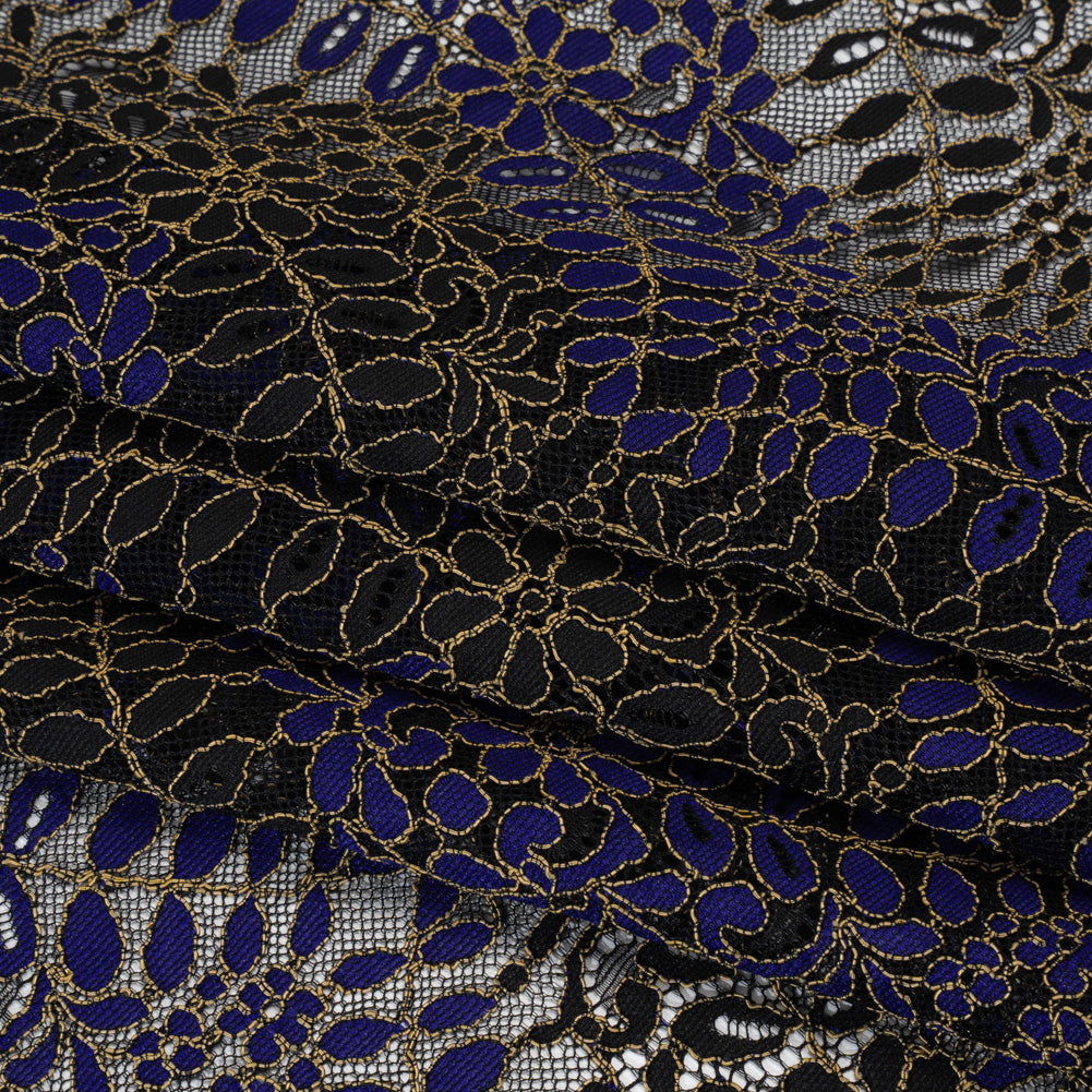 Corded Lace Panel with Finished Edges - Black, Blue and Gold Flowers and Leafy Vines Corded Lace Panel with Finished Edges - Black, Blue and Gold Flowers and Leafy Vines